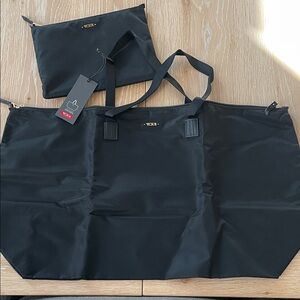 Tumi Black Nylon Travel Duffel, Tote and Pouch Set